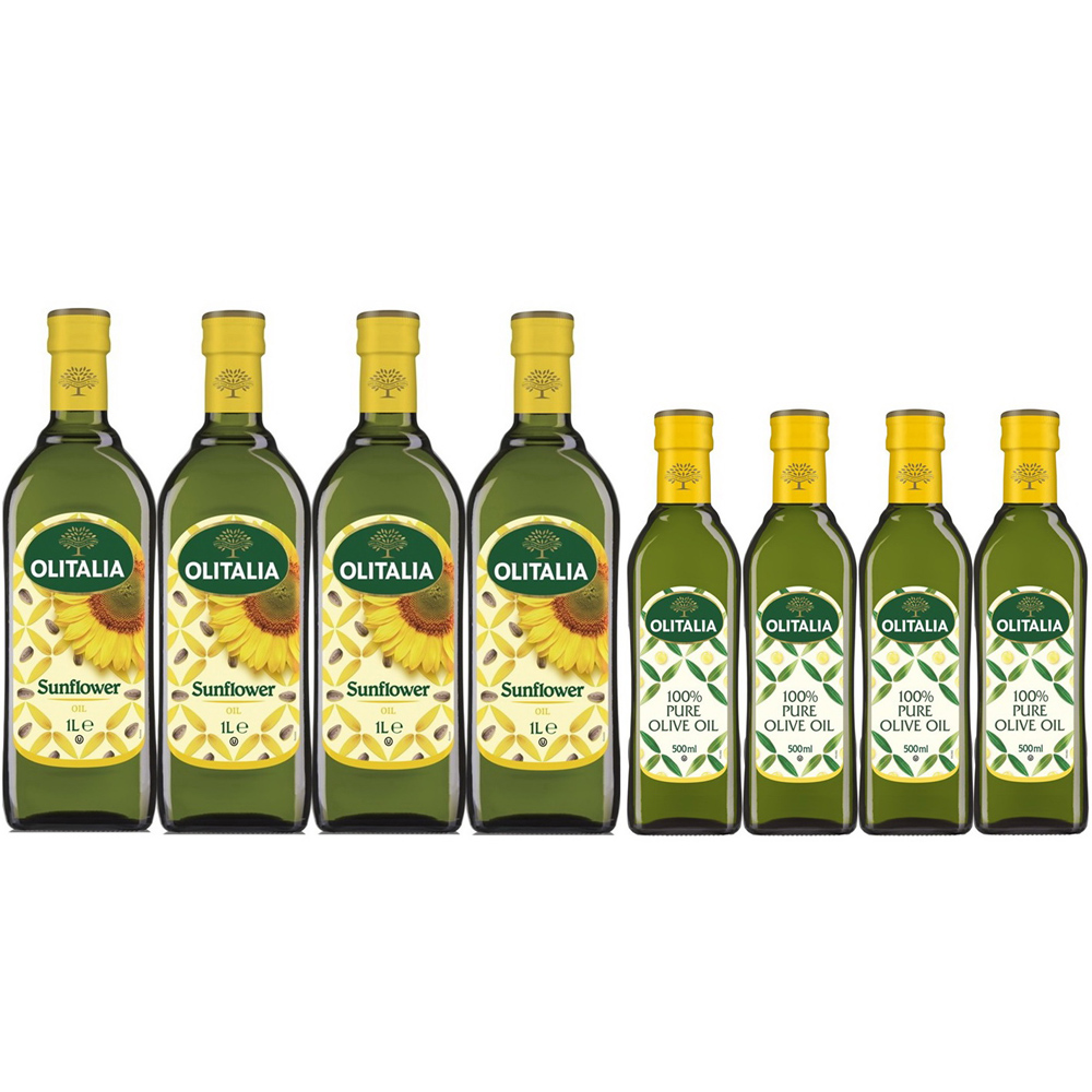 【Olitalia 奧利塔】葵花油1000mlx4瓶(+純橄欖油500mlx4瓶-禮盒組)