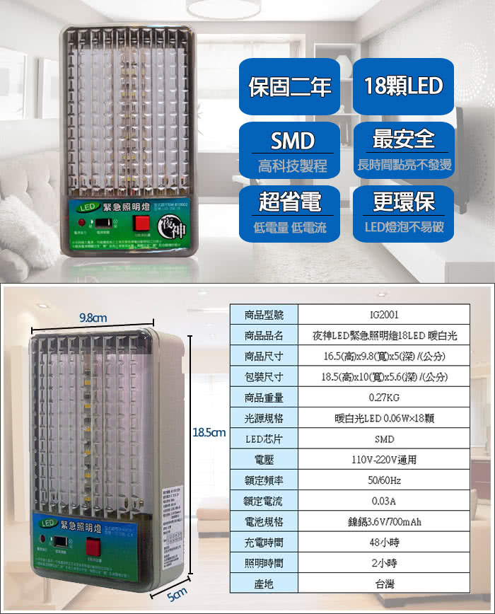 【太星電工】夜神200/18LED緊急照明燈(暖白光-個檢)