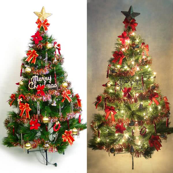 【聖誕裝飾品特賣】台灣製6尺/6呎(180cm特級綠松針葉聖誕樹+紅金色系配件組+100燈鎢絲樹燈2串)