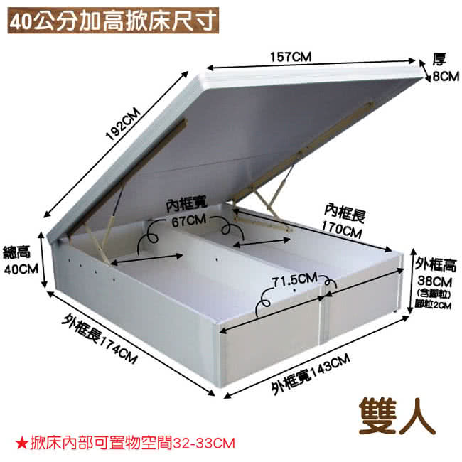 【優利亞-低甲醛+安全裝置40公分】雙人後掀床架-5尺(白色)