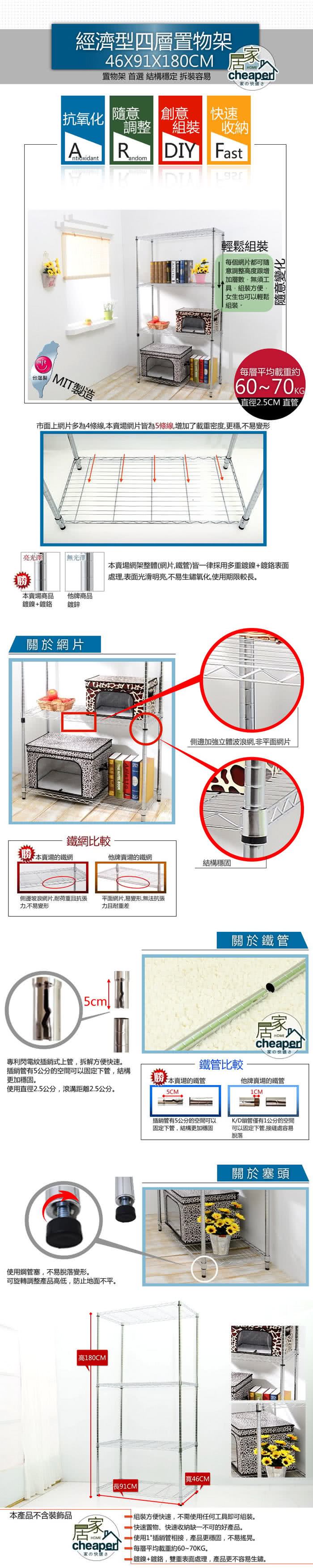 【居家cheaper】經濟型91X46X180CM四層置物架(鍍鉻)