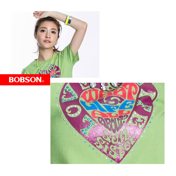 【BOBSON】女款心型印圖短袖上衣(果綠40)