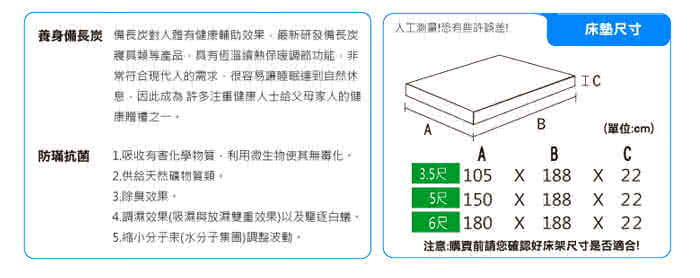 【KIKY】二代法式森呼吸養身備長炭獨立筒雙人床墊5尺YY