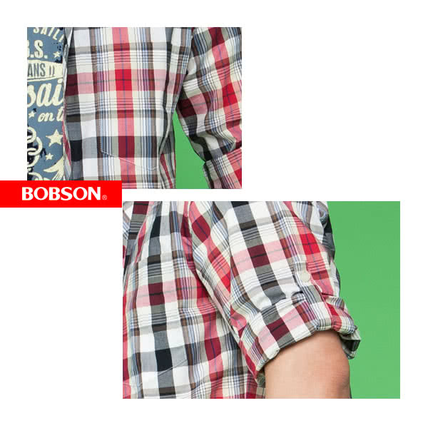 【BOBSON】男款七分袖腰身格紋襯衫(紅24004-13)