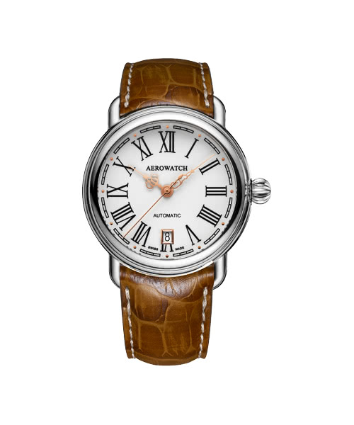 【AEROWATCH】古典鏤空指針腕錶-銀x咖啡/40mm(A24924AA13)