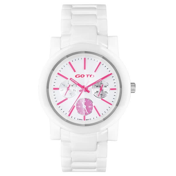 【GOTO】耀彩悸動三眼陶瓷時尚腕錶-粉紅x白(GC1360B-22-2F1)