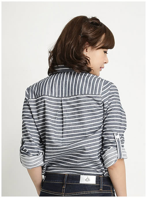 【BOBSON】女款條紋長袖襯衫(藍條34137-53)