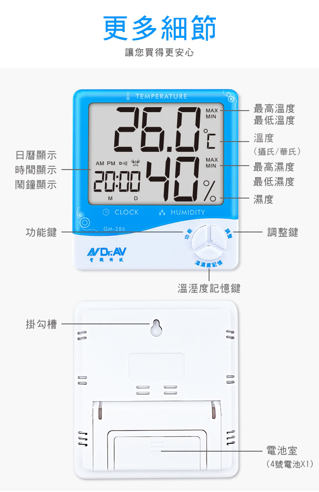 【Dr.AV】超大螢幕五合一智能數位液晶溫濕度計(GM-286)