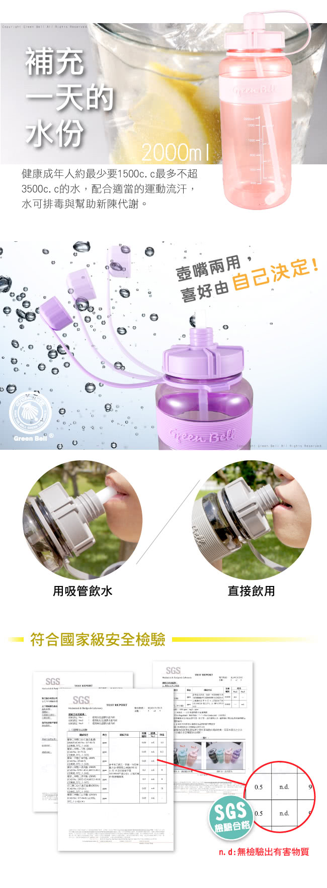 【GREEN BELL綠貝】2000ml超止滑彈跳吸管太空水壺V-買一送一(附背帶)