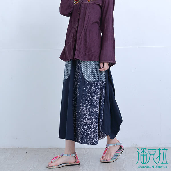 【*katieQ異國風】大口袋雙色長裙-F(黑/藍)