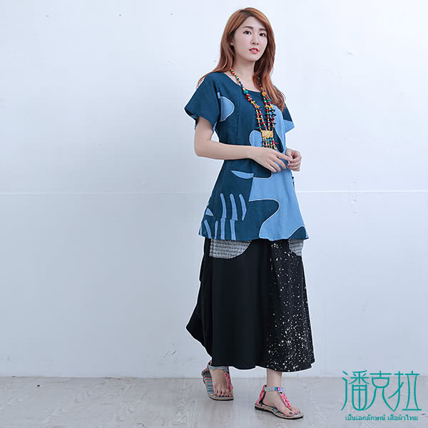 【*katieQ異國風】大口袋雙色長裙-F(黑/藍)