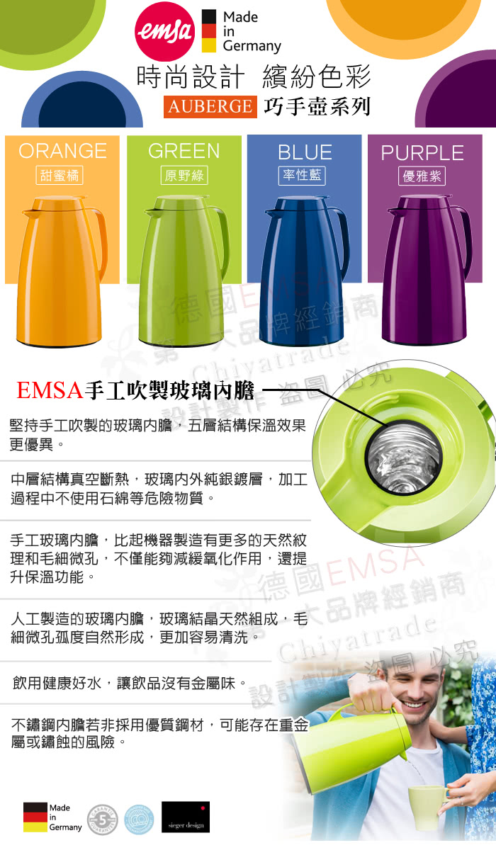 【德國EMSA】頂級真空保溫壺 玻璃內膽 巧手壺系列BASIC-保固5年(1.0L 率性藍)