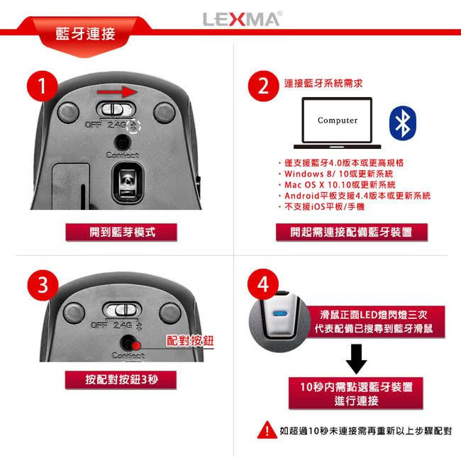 【LEXMA】B600R無線2.4G+藍牙4.0雙模藍光滑鼠(鐵灰)