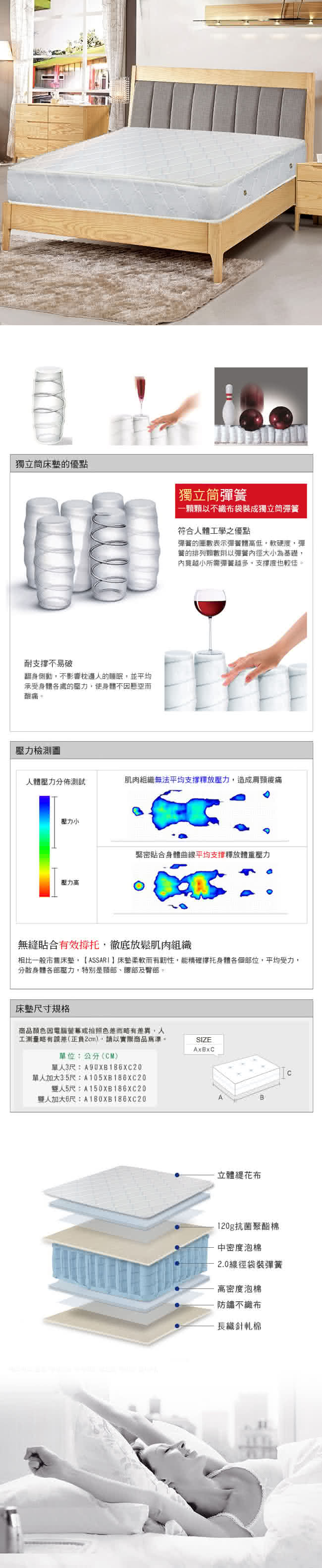 【ASSARI】簡約歐式二線獨立筒床墊(單人3尺)