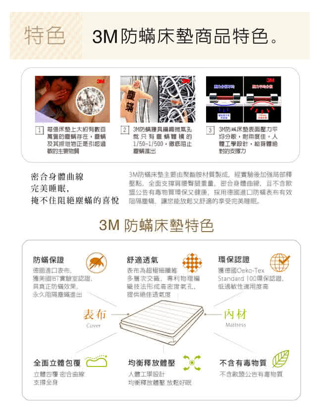 【3M】低密度防蹣床墊 標準型雙人+防蹣枕心2入(超值組合)