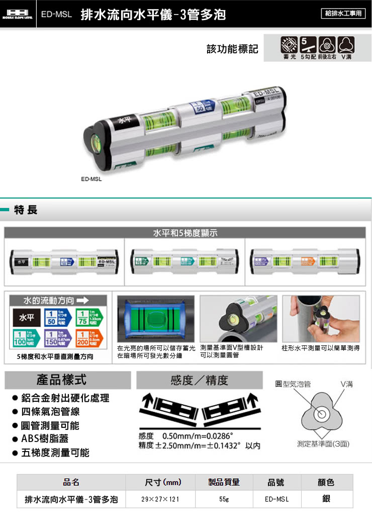 【日本EBISU】排水流向水平儀 3管多泡 ED-MSL