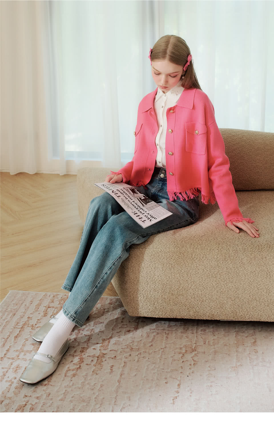 OUWEY 歐薇 小香風流蘇針織短版外套(桃;S-L;324 OUWEY 歐薇 小香風流蘇針織短版外套(桃;S-L;324