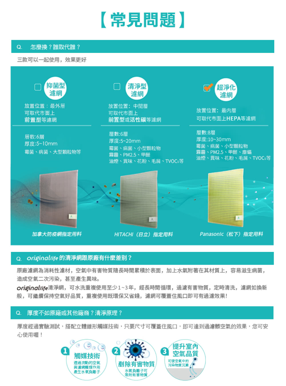 originalife清淨網,可水洗重複使用至少13年,經長時間循環,過濾有害物質,定時清洗,濾網如換新