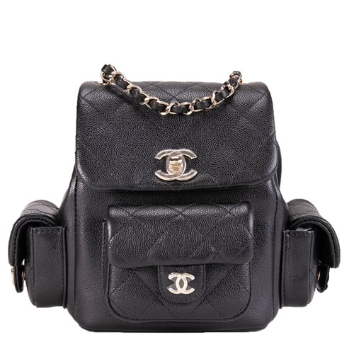 CHANEL 香奈兒 經典菱格牛皮口袋小型後背包(黑色)品牌 CHANEL 香奈兒 經典菱格牛皮口袋小型後背包(黑色)品牌