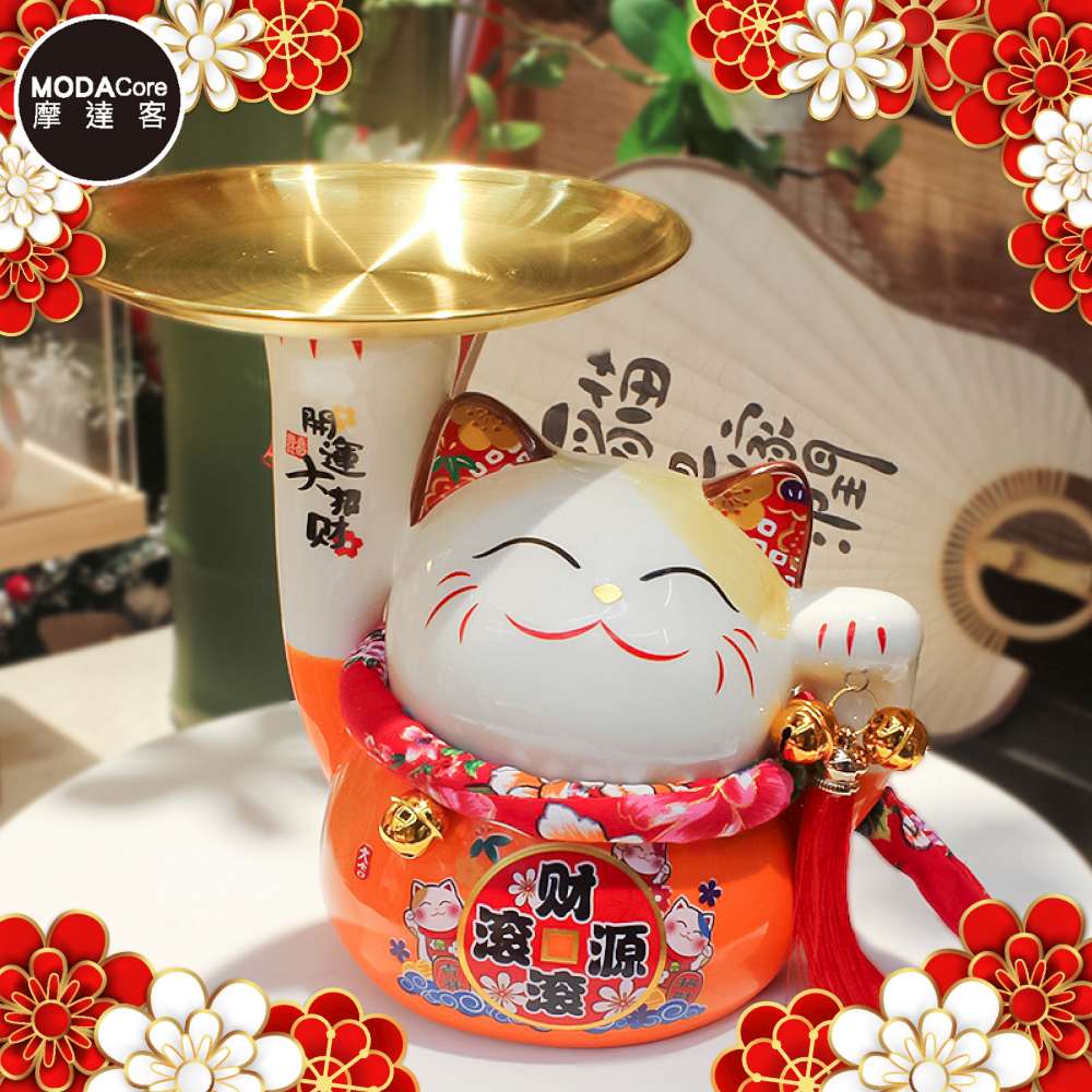 摩達客 春節開運財源滾滾頂盤陶瓷招財貓-托盤橘色款_撲滿存 摩達客 春節開運財源滾滾頂盤陶瓷招財貓-托盤橘色款_撲滿存
