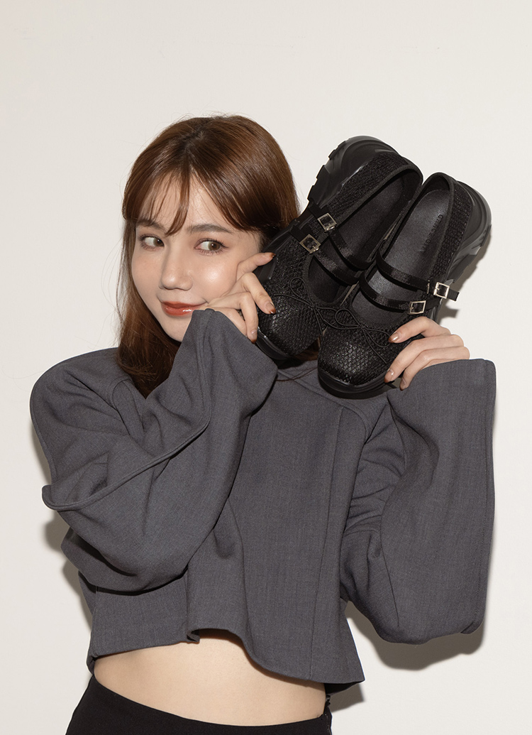 Grace Gift 日系方頭蝴蝶結網布芭蕾舞運動鞋 附綁帶 Grace Gift 日系方頭蝴蝶結網布芭蕾舞運動鞋 附綁帶