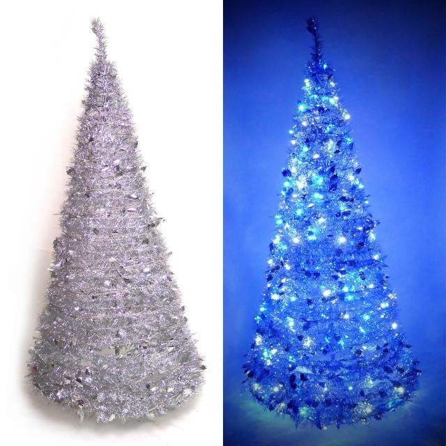 【聖誕裝飾品特賣】6尺／6呎(180cm 創意彈簧摺疊聖誕樹-銀色系+LED100燈串一條-9光色可選)