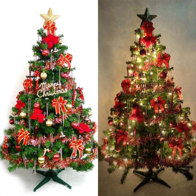 【聖誕裝飾品特賣】台灣製12呎-12尺(360cm 豪華版裝飾綠聖誕樹+紅金色系配件組+100燈鎢絲樹燈8串)