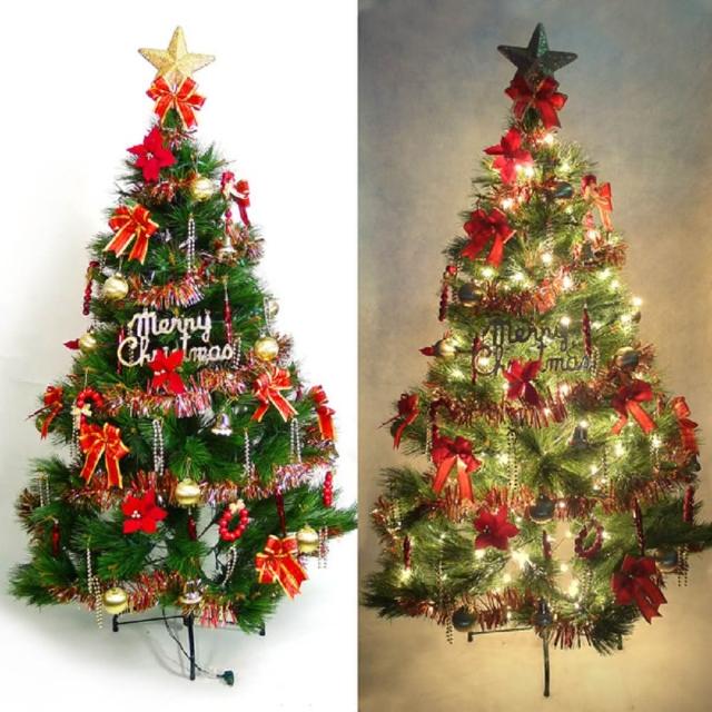 【聖誕裝飾品特賣】台灣製5尺-5呎(150cm特級綠松針葉聖誕樹+紅金色系+100燈鎢絲樹燈2串)