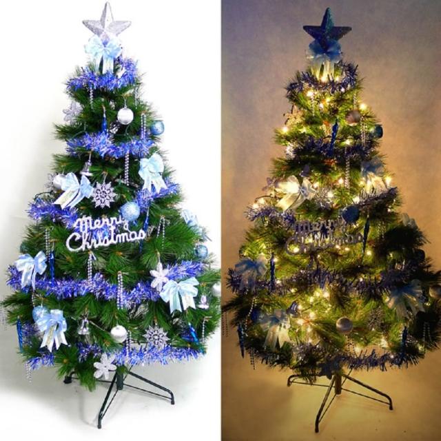 【聖誕裝飾品特賣】台灣製5尺-5呎(150cm特級綠松針葉聖誕樹+藍銀色系+100燈鎢絲樹燈2串)
