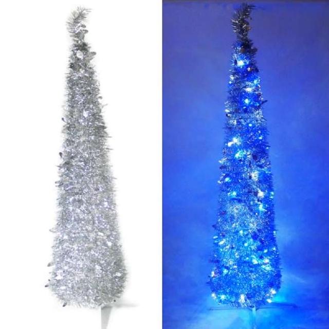 【聖誕裝飾品特賣】尺-6呎 180cm彈簧摺疊銀色哈利葉瘦型鉛筆樹聖誕樹(LED100燈藍白光一串)