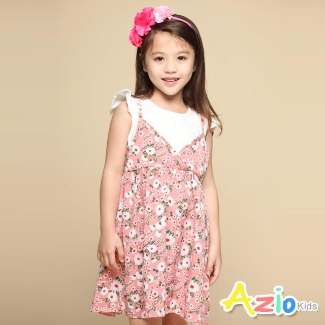 【Azio Kids 美國派】女童 洋裝 滿版小白花草印花假兩件荷葉短袖洋裝(粉)