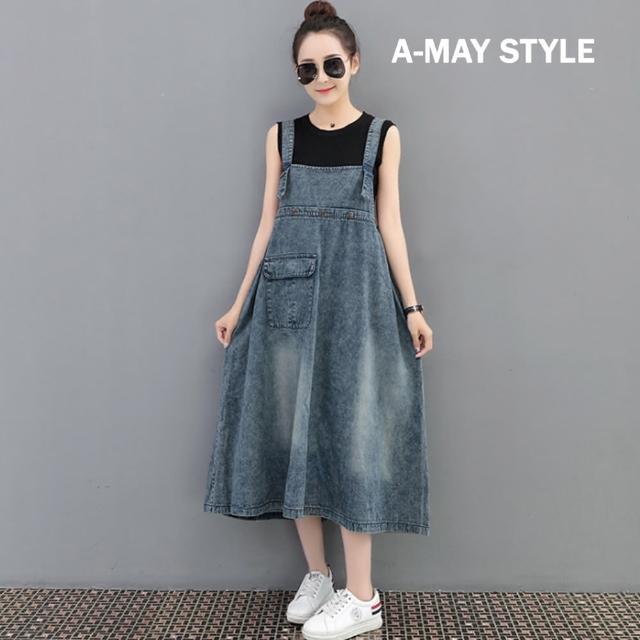 【Amay Style 艾美時尚】吊帶裙-甜美後繫帶水洗口袋牛仔背心裙(藍.預購)