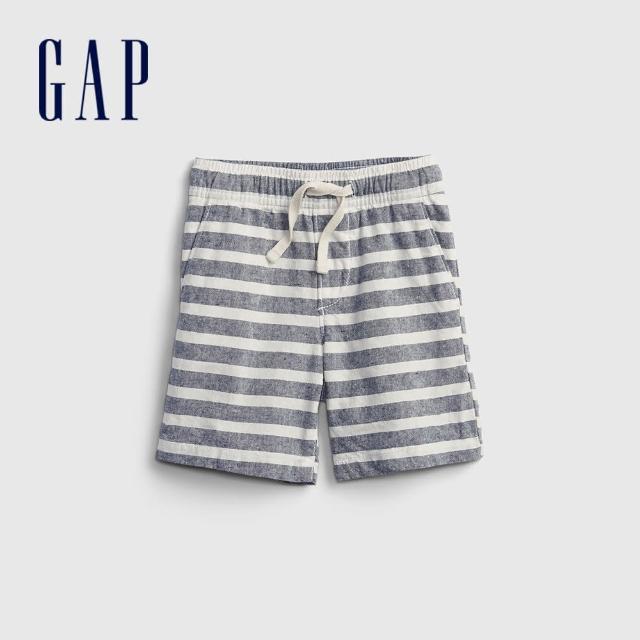 【GAP】男幼童 亞麻混紡透氣直筒短褲(681550-藍色條紋)
