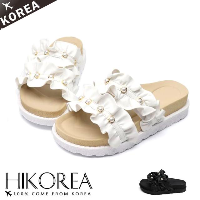 【HIKOREA】韓國空運/版型正常。韓系優雅雙帶珍珠抓皺軟Q厚底涼拖鞋(71-3139二色/現貨+預購)