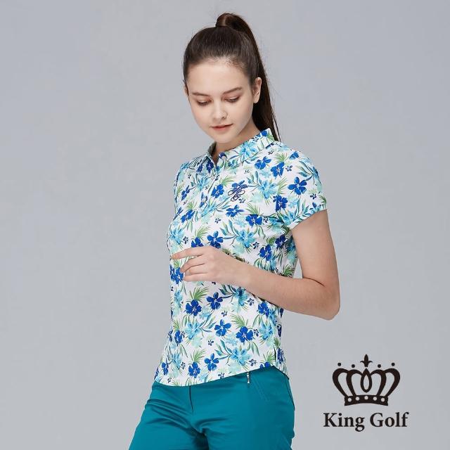 KING GOLF【KING GOLF】速達-女款花卉印圖LOGO刺繡POLO衫(藍色)