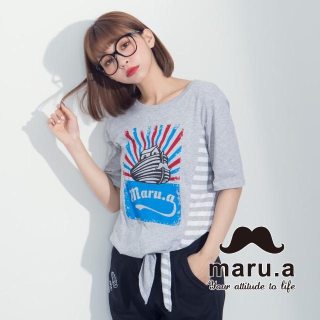 maru.a【maru.a】方舟印花綁帶條文拼接綁帶T-Shirt(灰色)