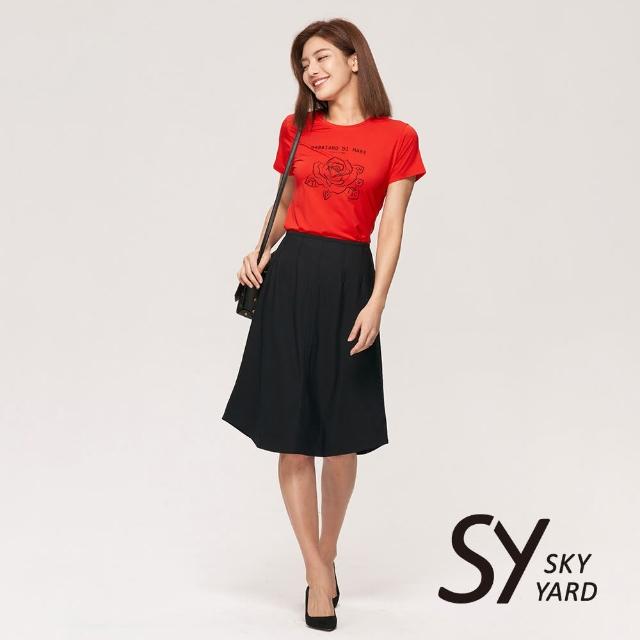 SKY YARD【SKY YARD】玫瑰花朵印花棉質短袖T恤(紅色)