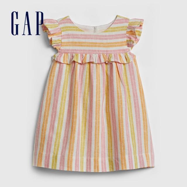 【GAP】嬰兒 甜美輕盈花邊袖連衣裙(583977-彩色條紋)