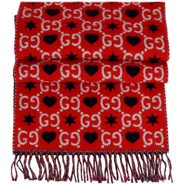 GUCCI 古馳【GUCCI 古馳】100%羊毛品牌和愛心標誌圍巾(紅色)