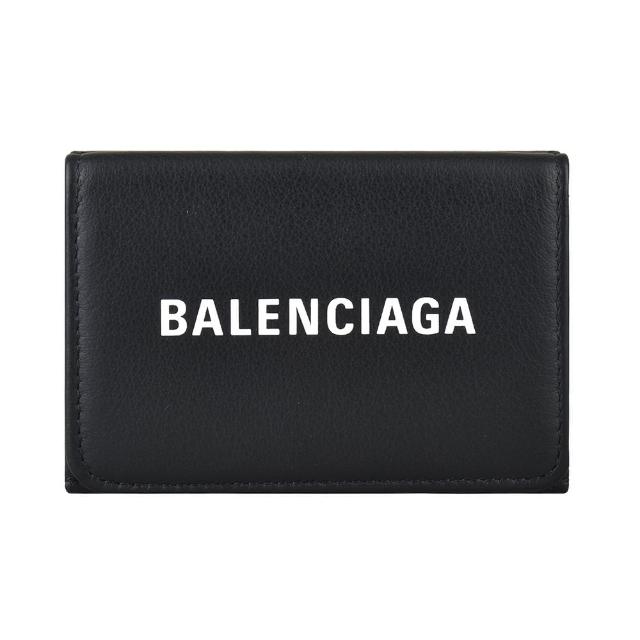 Balenciaga 巴黎世家【Balenciaga 巴黎世家】BALENCIAGA EVERYDAY白字燙印LOGO小牛皮3卡扣式三折短夾(迷你/黑)