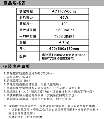 【太星電工】喜馬拉雅/輕鋼架循環扇(110V)