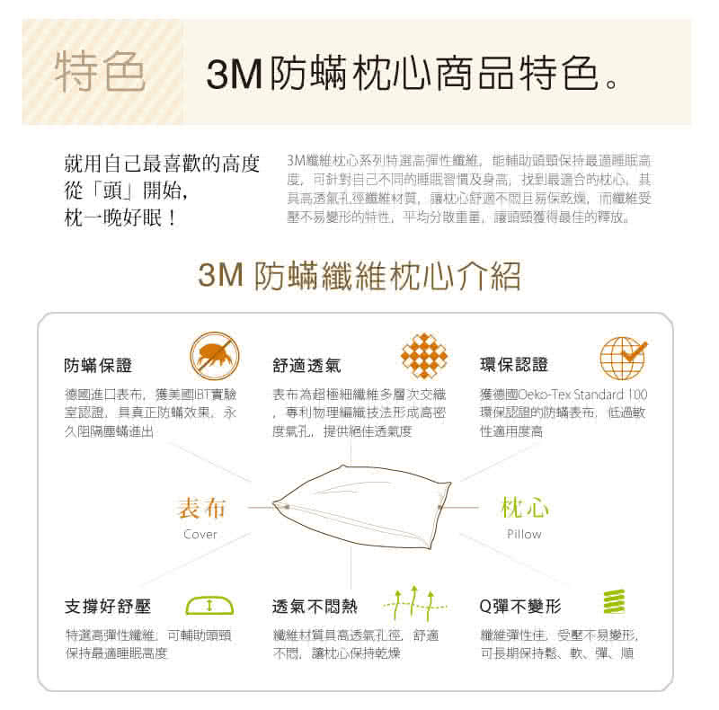 3m 德國進口表布健康防蹣枕心 支撐型加厚版 Momo購物網