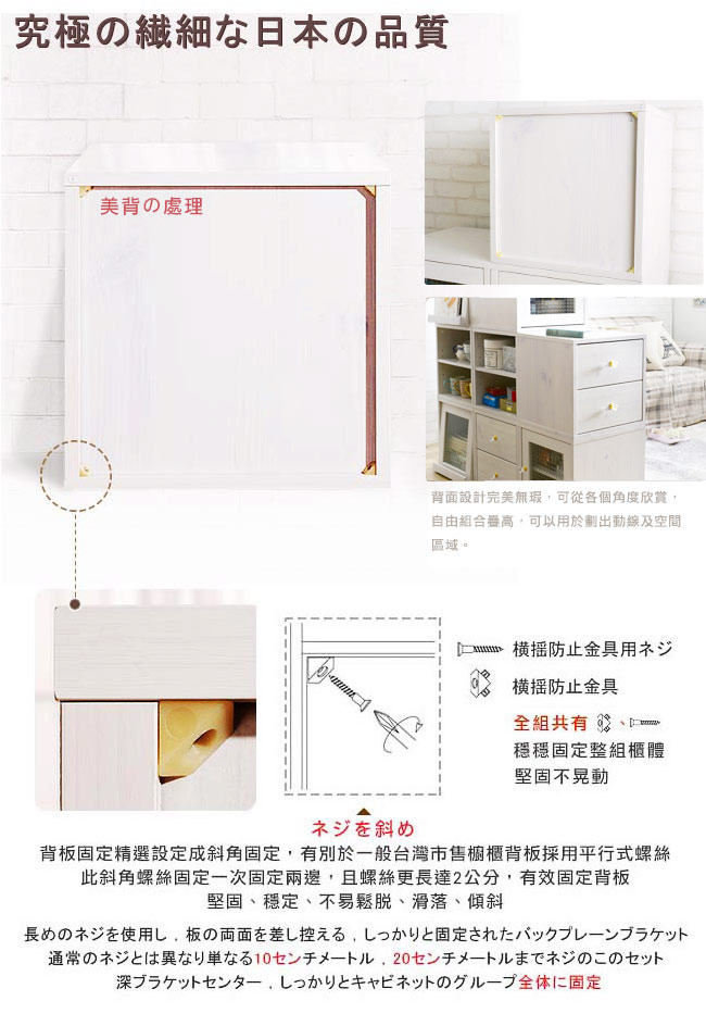 背板固定精選設定成斜角固定,有別於一般台灣市售櫥櫃背板採用平行式螺絲