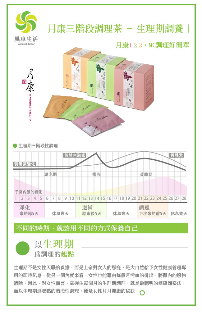 【風車生活】生理期調養-月康三階段調理茶(三合一2組/每組3盒/每盒10包)