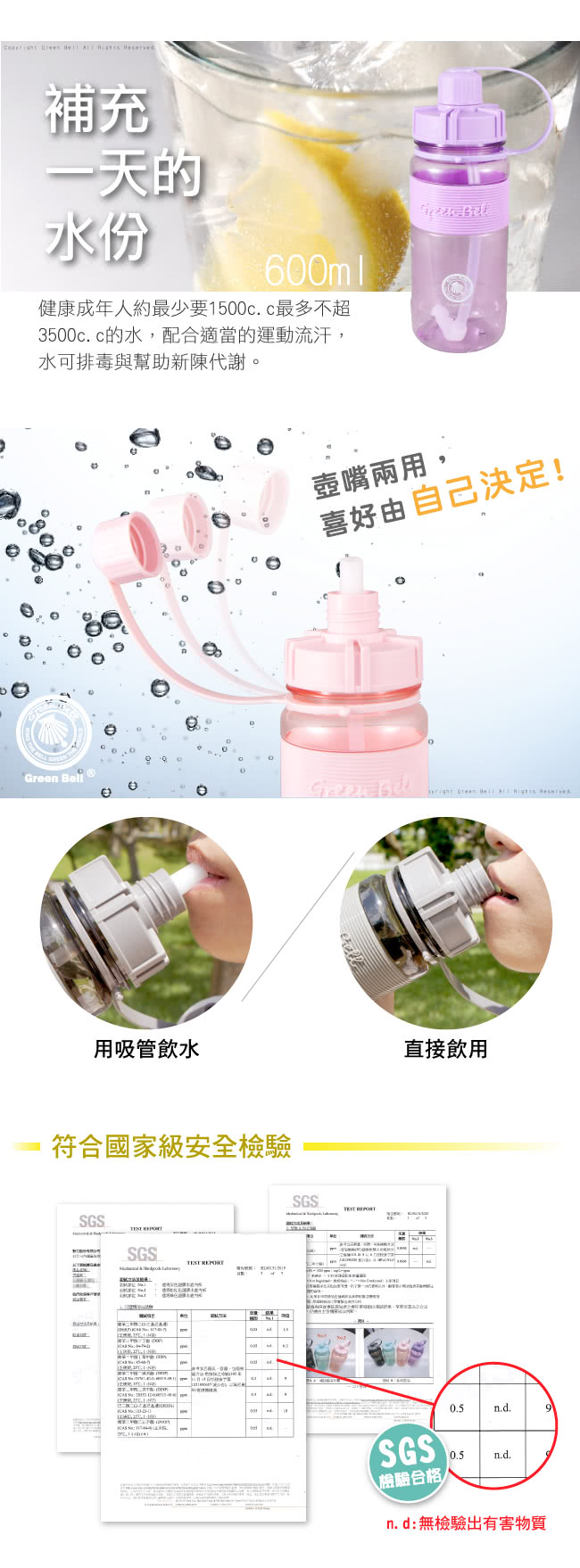 【GREEN BELL綠貝】600ml超止滑彈跳吸管太空水壺V-買一送一(附背帶)