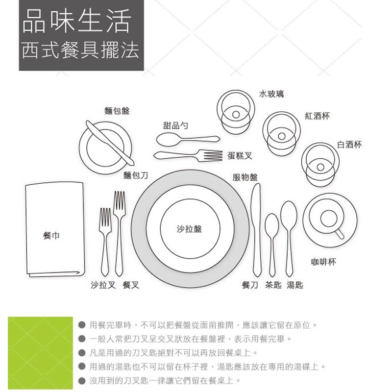 用過的湯匙也不可以留在杯子裡,湯匙應該放在專用的湯碟上。