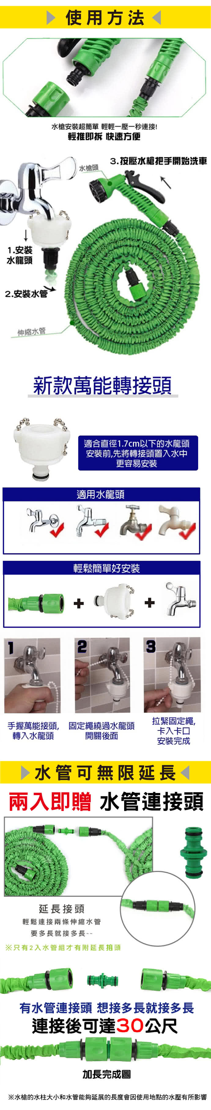 【新錸家居】NEW第五代美國熱銷超彈力加壓伸縮水管2入組-15公尺(贈萬能接頭+兩通接頭x1)