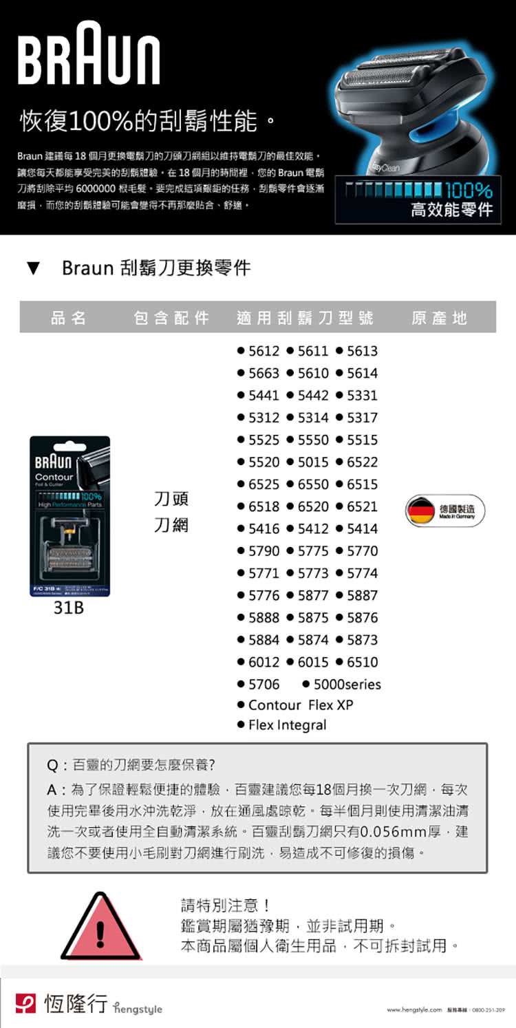 Braun 建議每18 個月更換電鬍刀的刀頭刀網組以維持電鬍刀的最佳效能,