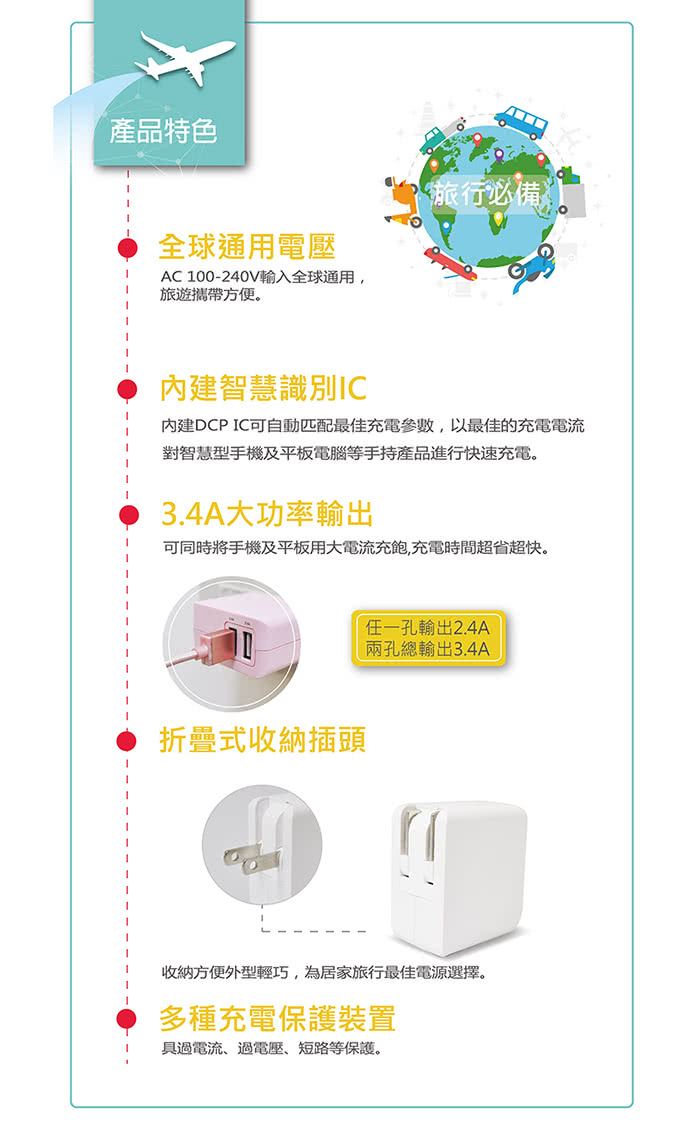 【太星電工】彩色 3.4A 2USB充電器(顏色任選)