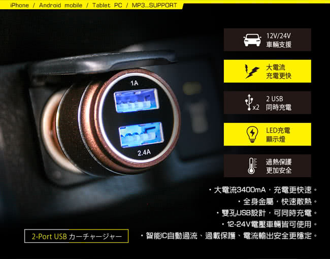 【KINYO】鋁合金USB車用充電器(CU-53)